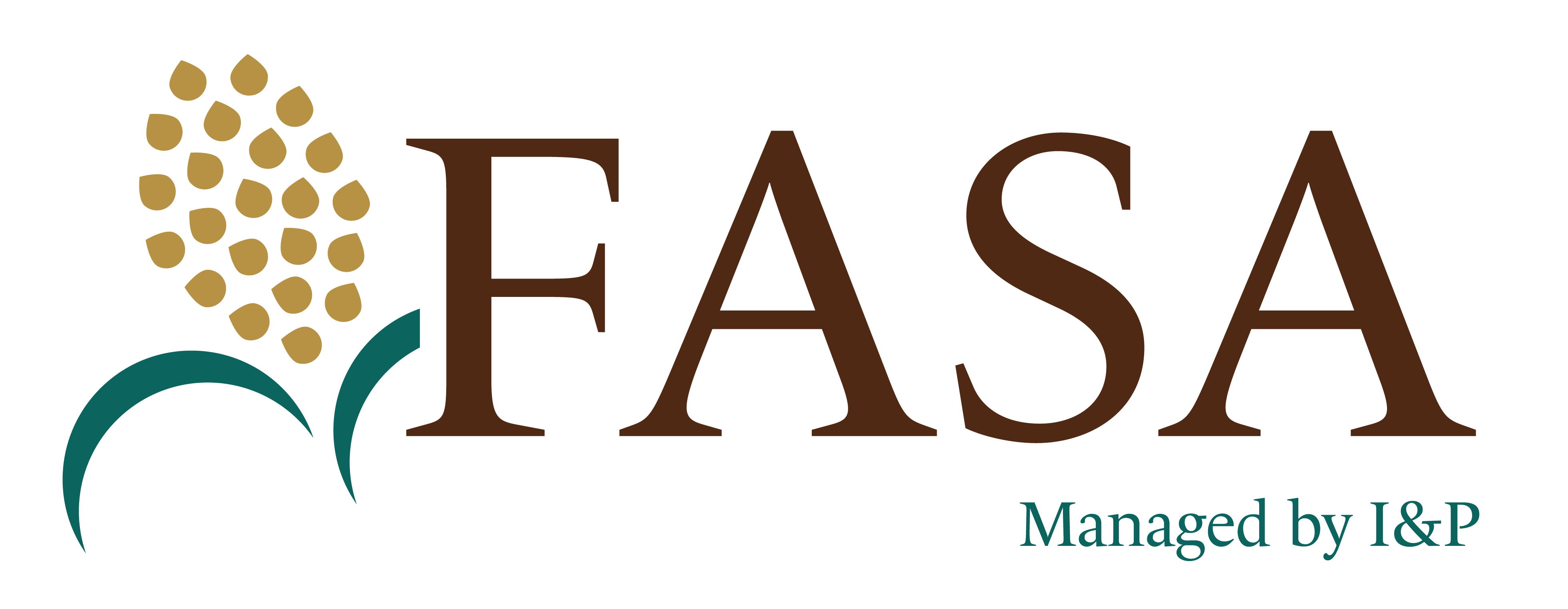 Logo FASA avec des lettres brunes, un motif de grains dorés et une courbe verte, accompagné du texte "Managed by I&P".